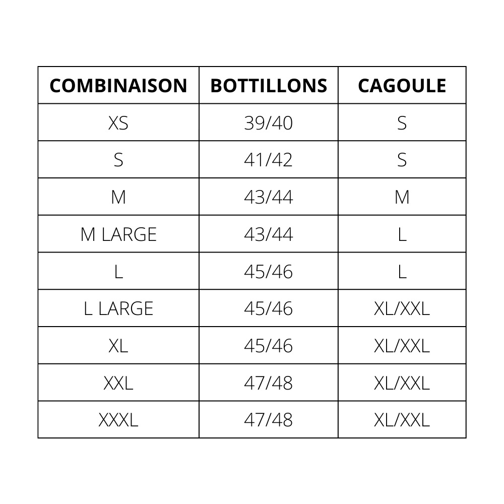 Correspondance taille Aphos